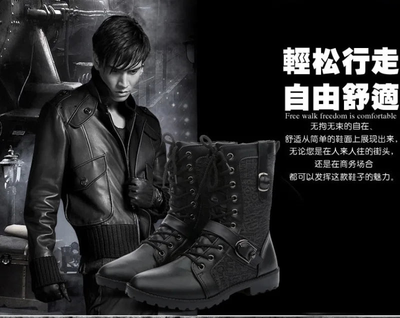 2025New Men Boots Fashion Mid-calf Boots Trend Motorcycle Boot High Top Casual Boots for Men Plush Warm Winter Boot Botas Hombre