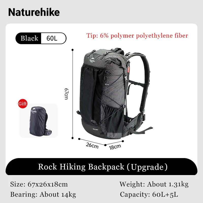 Naturehike Climbing Backpack 60+5L Camping Backpack Travel Bag Large Capacity Military Mountaineering Backpack With Rain Cover
