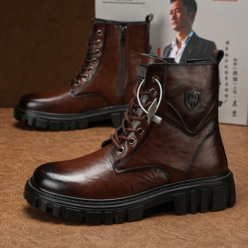 High Quality Brand Men's Leather Casual Shoes Outdoor Workwear Shoes Thick Soled Wear-resistant Men's Motorcycle Boots Handsome