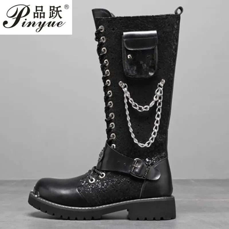 Men Motorcycle Boots Mid-calf Breathable Combat Boots Gothic Belt Punk Boots Men Shoes Hightop Casual  Metal toe boots 38-46