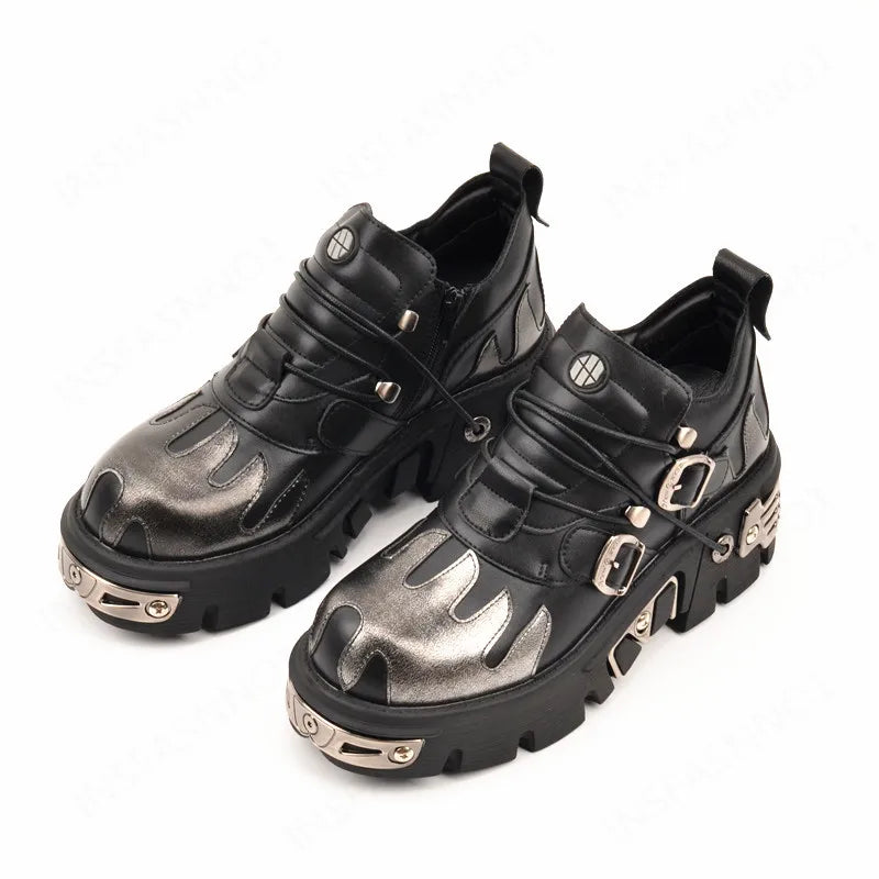 New Men's Gothic Skull Boots Black Women Shoes Designer Punk Metal Platform Walking Sneakers Skeleton Metal Buckles Ankle Boots