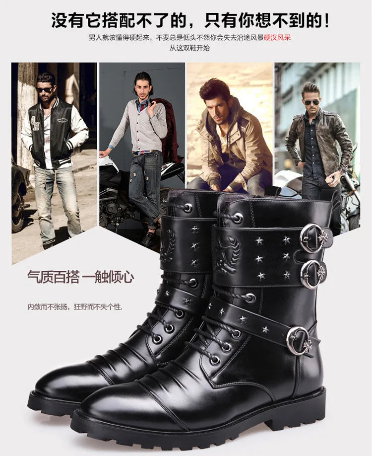 Men's boots winter warmth velvet function metal high-tube cycling boots height-increasing shoes motorcycle boots black 37-48