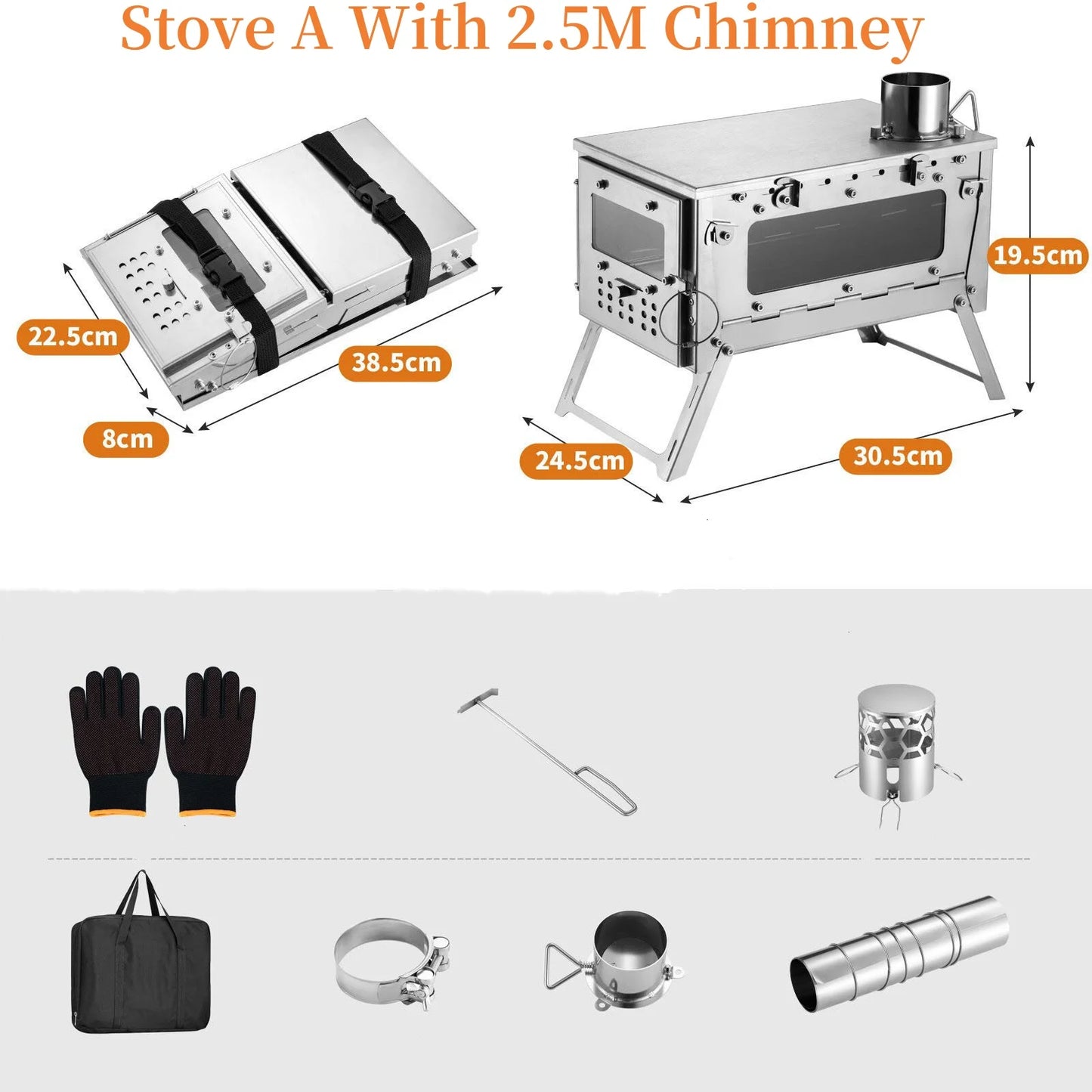 Stainless Steel Portable Tent Stove Foldable with Side Glass Chimney Burner Camping Wood Stove Heating Cooking Grill