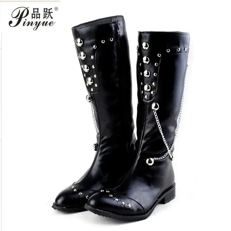Men Motorcycle Leather Boots,Black Fashion Stage Boots Punk Over Knee High Boots Waterproof Snow Boots Equestrian Gothic Boots