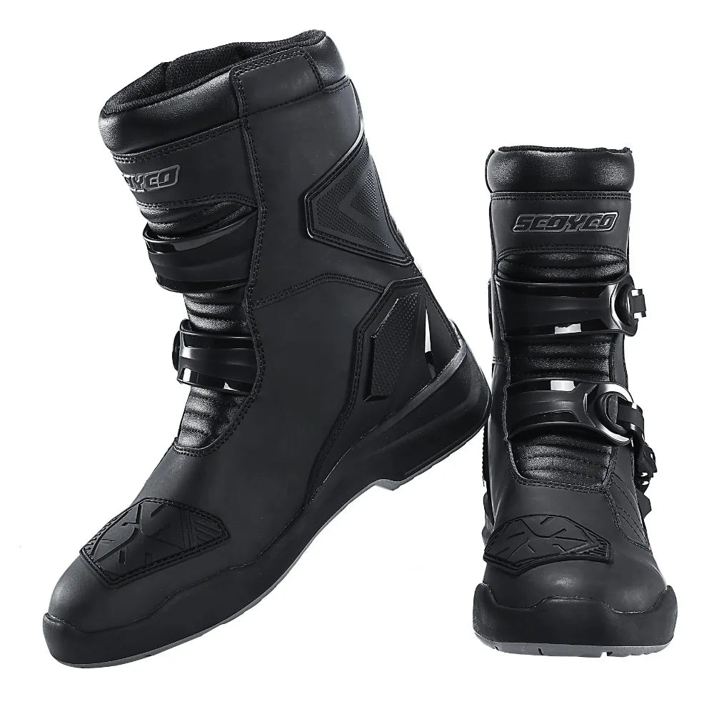 SCOYCO Retro Motorcycle Boots Cowhide Waterproof Mid-Calf Long Boots Riding Motocross Bota Motorbike Botas Motocross Shoes