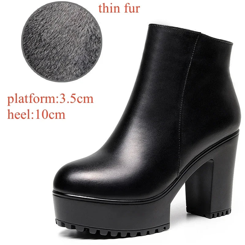 8cm 10cm Small Size 33-43 Thick Bottom Platform Shoes Ankle Boots with Fur 2024 Block High Heels Genuine Leather Boots Office