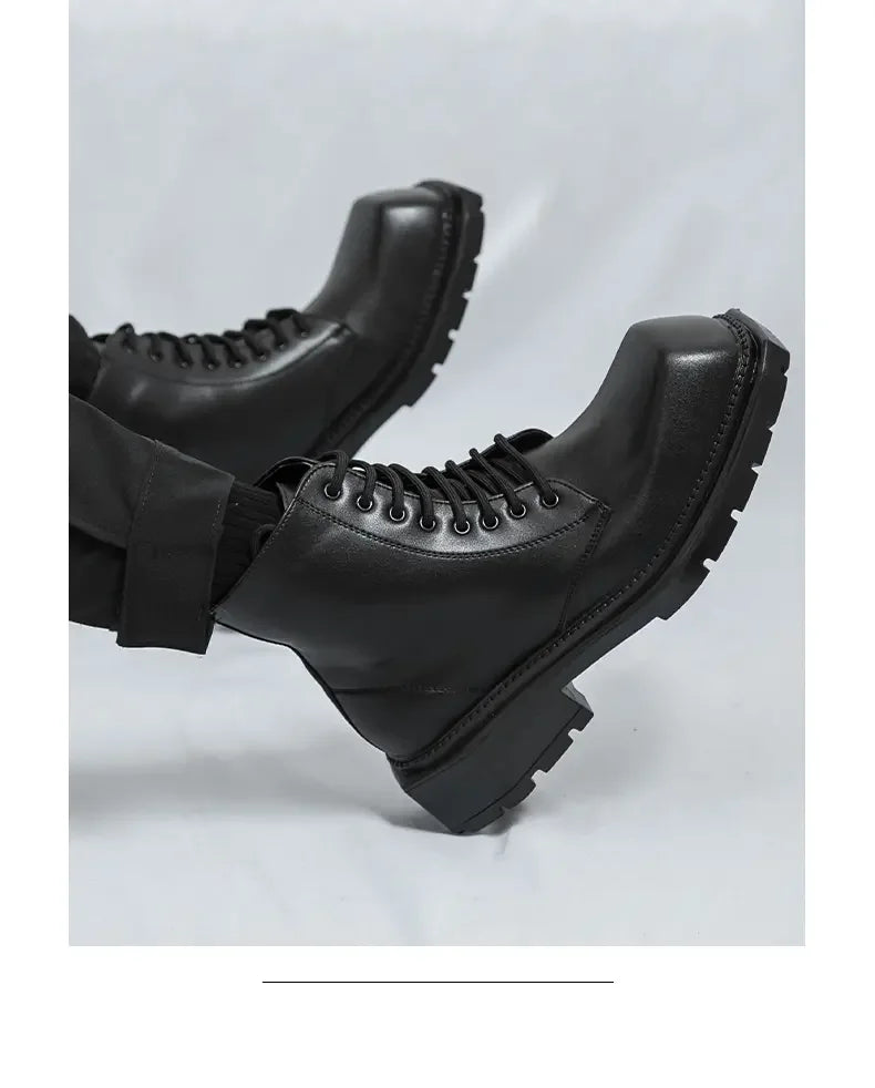 Large Men's Autumn High Top Casual British Motorcycle Shoes, Retro Trendy Brand Height Increasing Big Head Leather Boots