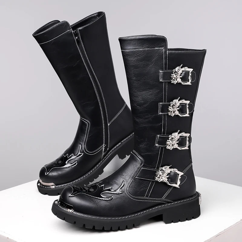 Fashion Men's Leather Shoes Keep Warm High Top Shoes All-match Outdoor Male Motorcycle Boots Mid-Calf Boots Leisure Walk Botas