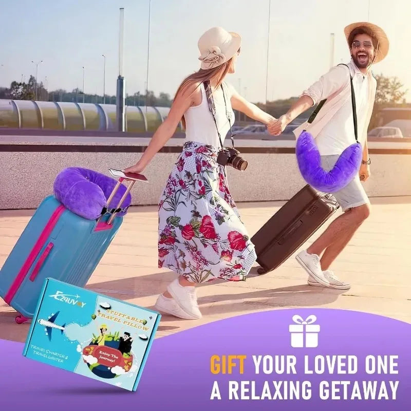 Travel Neck Pillow with Fillable Clothing U-Shaped Pillowcase, Extra Storage Bag, Velvet Neck Pillow Cover for Airplane Travel