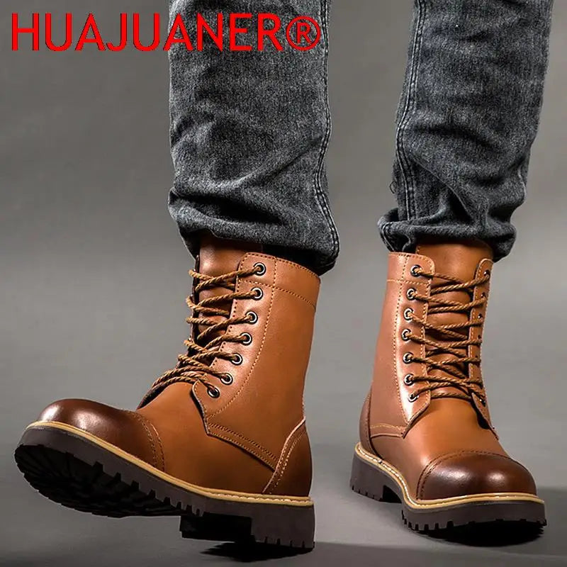 Genuine Leather Men's Boots Plush Warm Winter Boots High Quality Men Motorcycle Boots Fashion Tooling Shoes