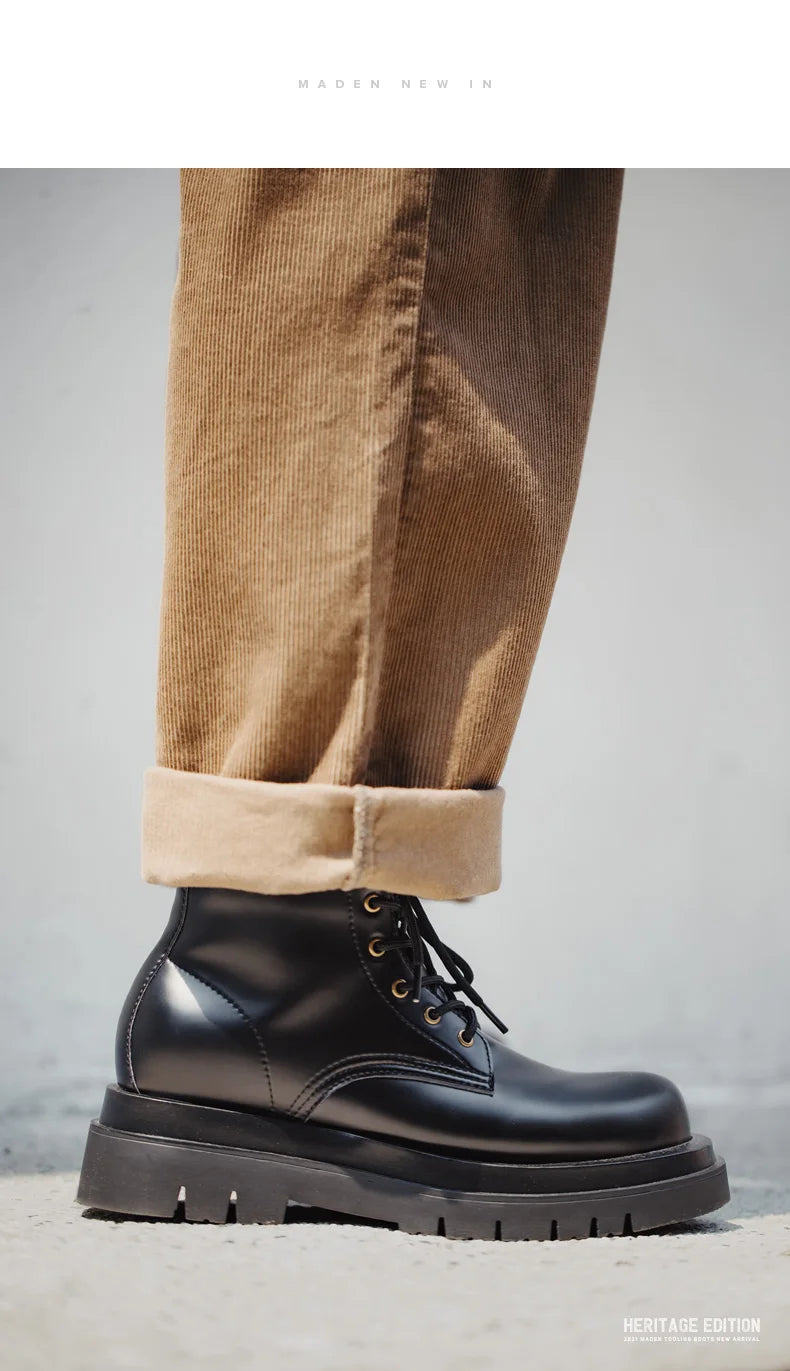 Maden Men's Handmade Cowboy Boots Black Motorcycle Boot British Split Leather TPR Sole Work Safety Boot Mid Outside Shoes