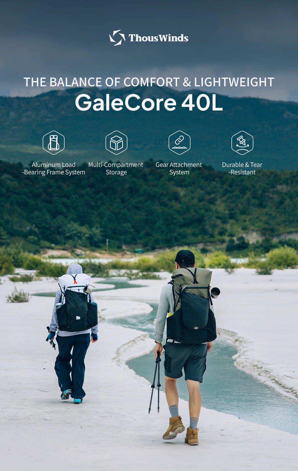 ThousWinds GaleCore 40+10L Lightweight Hiking Backpack Dyneema Trekking Pack Waterproof Bagpack