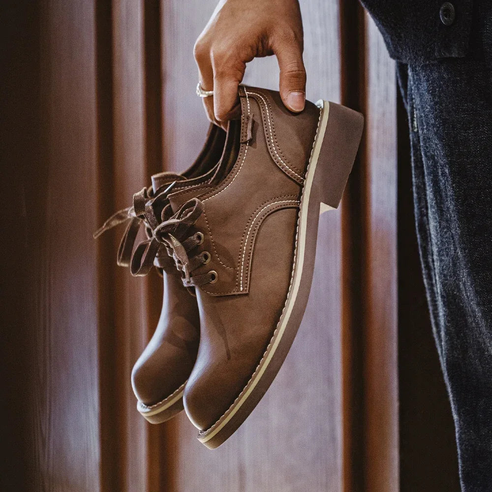 New Maden Men's Low-top Work Boots Round-toed Crazy Horse Leather Craft Shoes Casual Leather Shoes Vintage Streetwear Boots