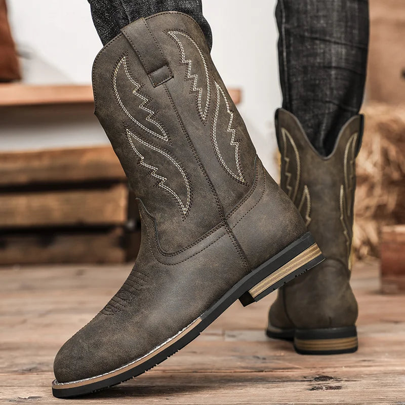 Western Style Cowboy Chelsea Boots Vintage Mid-calf Boots Pointed Toes Classical Shoes Genuine Leather Worker Winter Booties