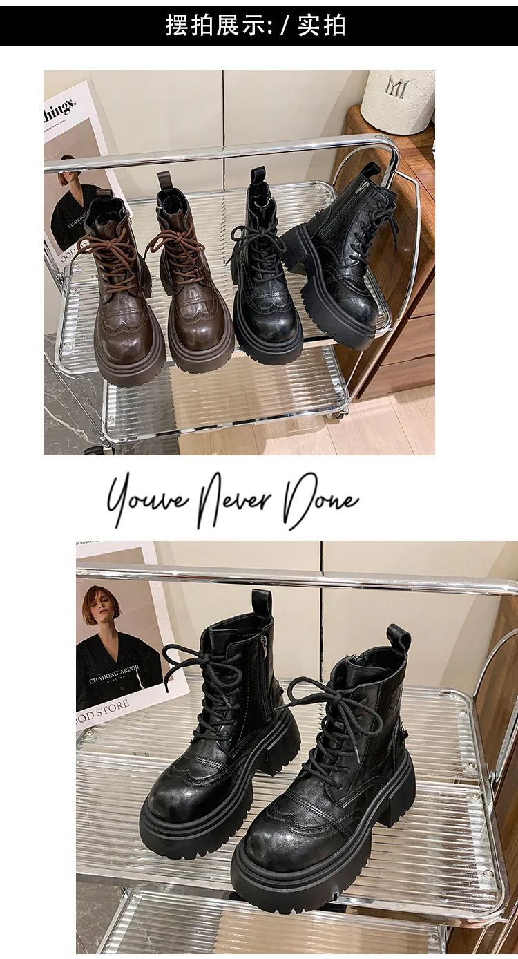 Boots Woman 2025 Trend Female Shoes Winter New British platform Lace up zipper ankle boots Plush Flat Heel Motorcycle boots