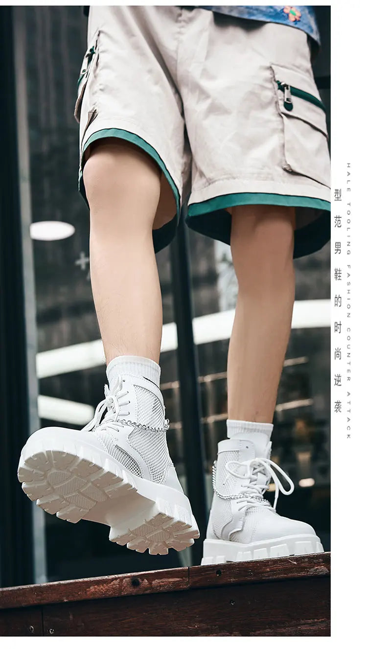2024 New Summer Men's Boots Thick Bottom Mesh Surface Breathable Hollow Out Chain Short Boot Male Autumn Fashion Casual Shoes