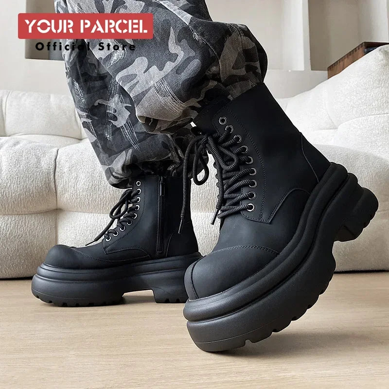 Black boots for men thick sole 7CM height increase high top motorcycle boots trendy and fashionable outdoor workwear shoes