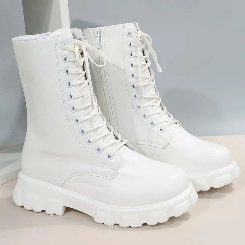 2025 Boots Women  Autumn Winter PU Leather White Ankle Boots Motorcycle Female Chunky Heels Platform Boots