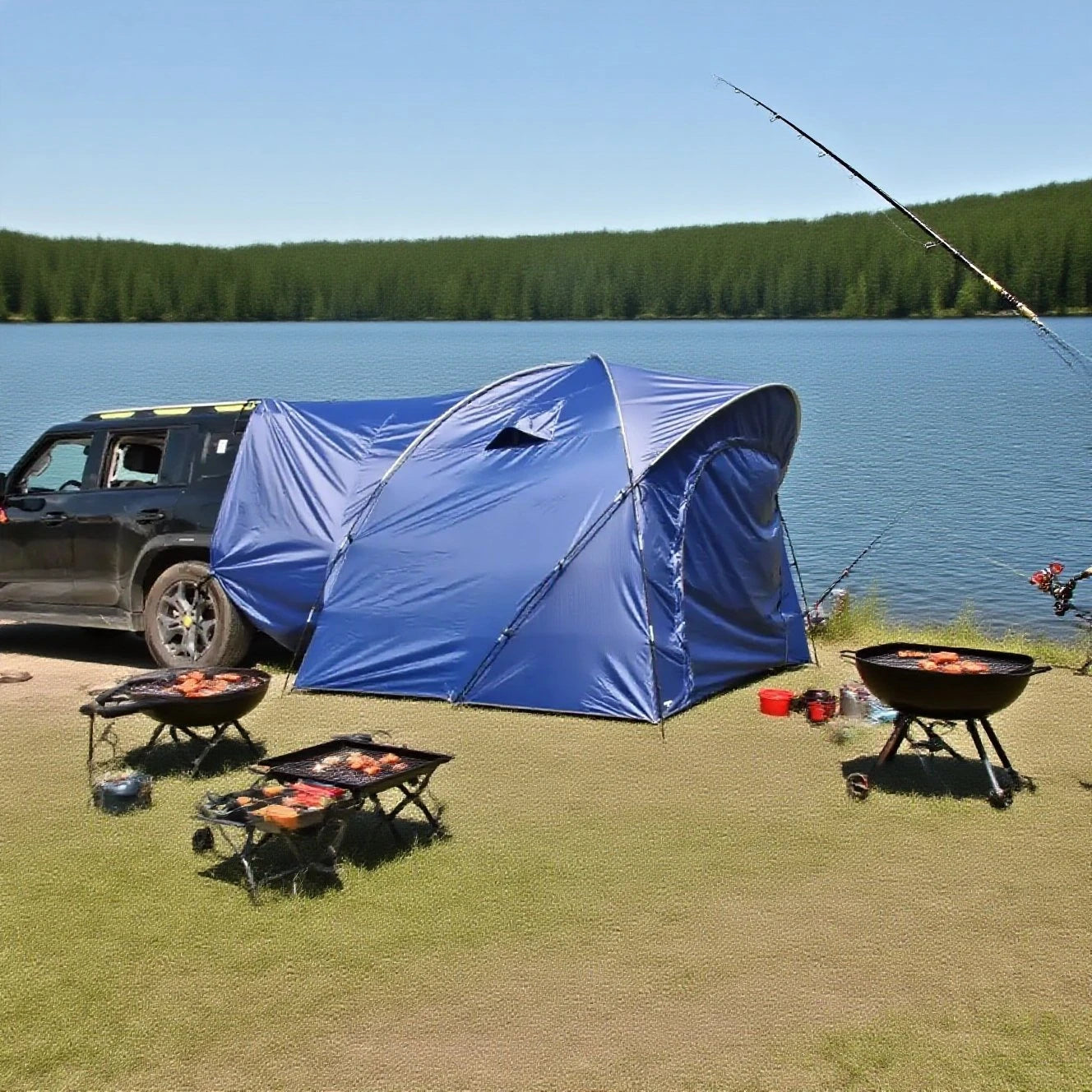 3-4 Person SUV Camping Tent PU4000 Waterproof with Mesh Bug Door, Cross-Ventilated Quick-Pitch Design, Built-In Floor