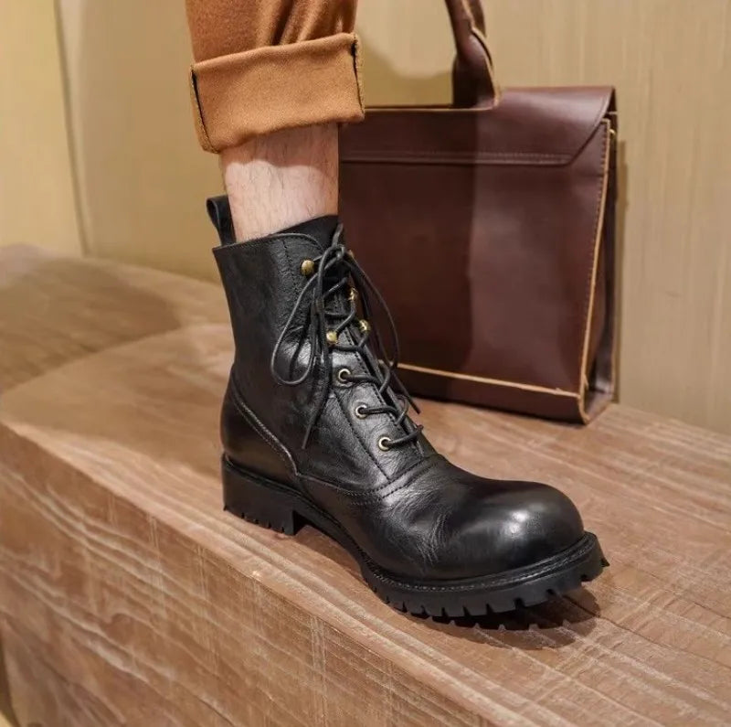 Vintage Mens Round Toe Lace Up High Top Work Safety Shoes Cowhide Genuine Leather Ankle Boots British Motorcycle Riding Boots 45