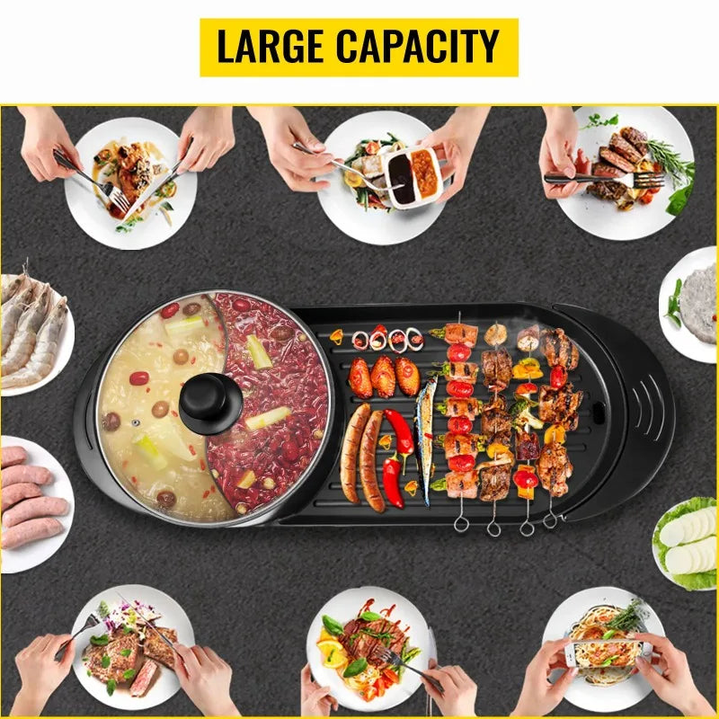 2200W Electric Barbecue Pot 2-in-1 Hot Pot Barbecue Pot Smoke-free Fast and Uniform Heating Independent Dual Temperature Control