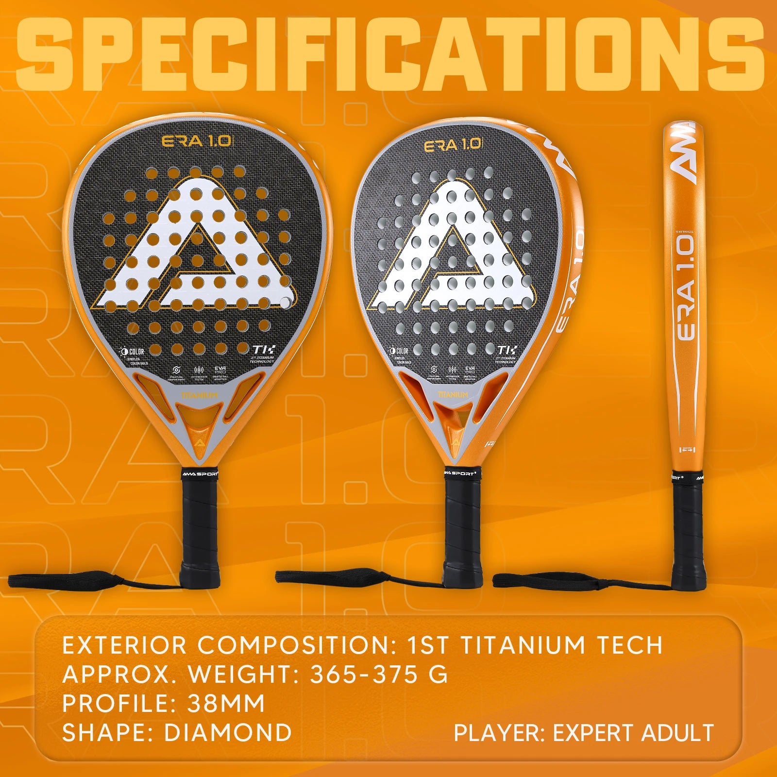 AMA SPORT 1St Titanium Gold Padel Rackets with Precision Holes,Anti-Vibration System High-Performance Titanium Pala de Padel