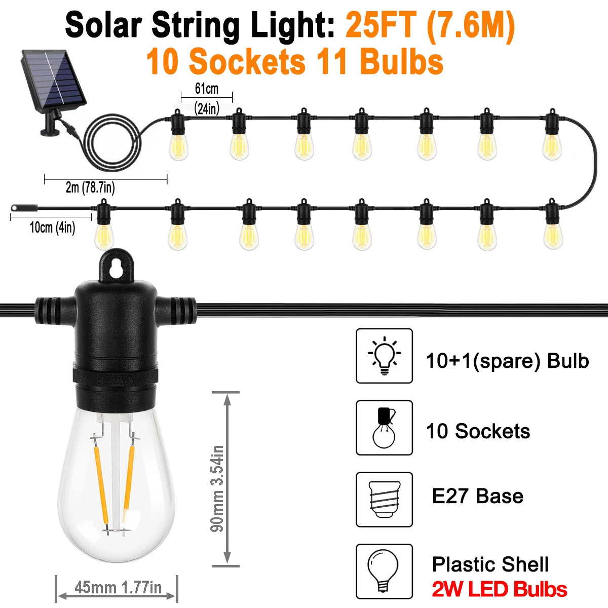 Waterproof Solar Outdoor Lights Garland E27 Shatterproof Socket Solar Light for Outdoor Decorative Solar Garden Lights Fairy