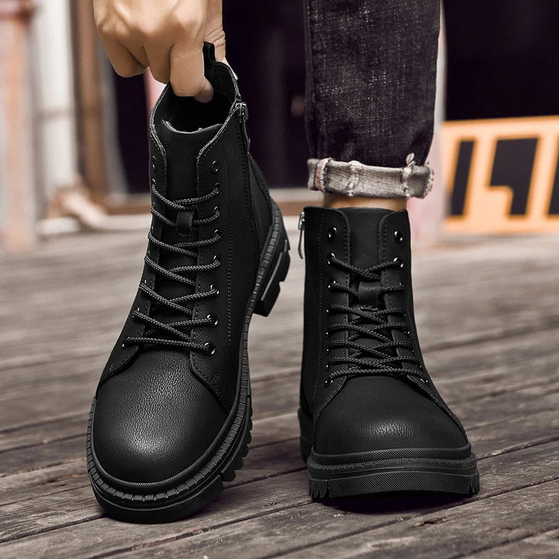 Men's Lace Up Walking Flat Bottom Short Boots Men's Chelsea Boots High-quality Brand Motorcycle Boots New High Top Casual Shoes