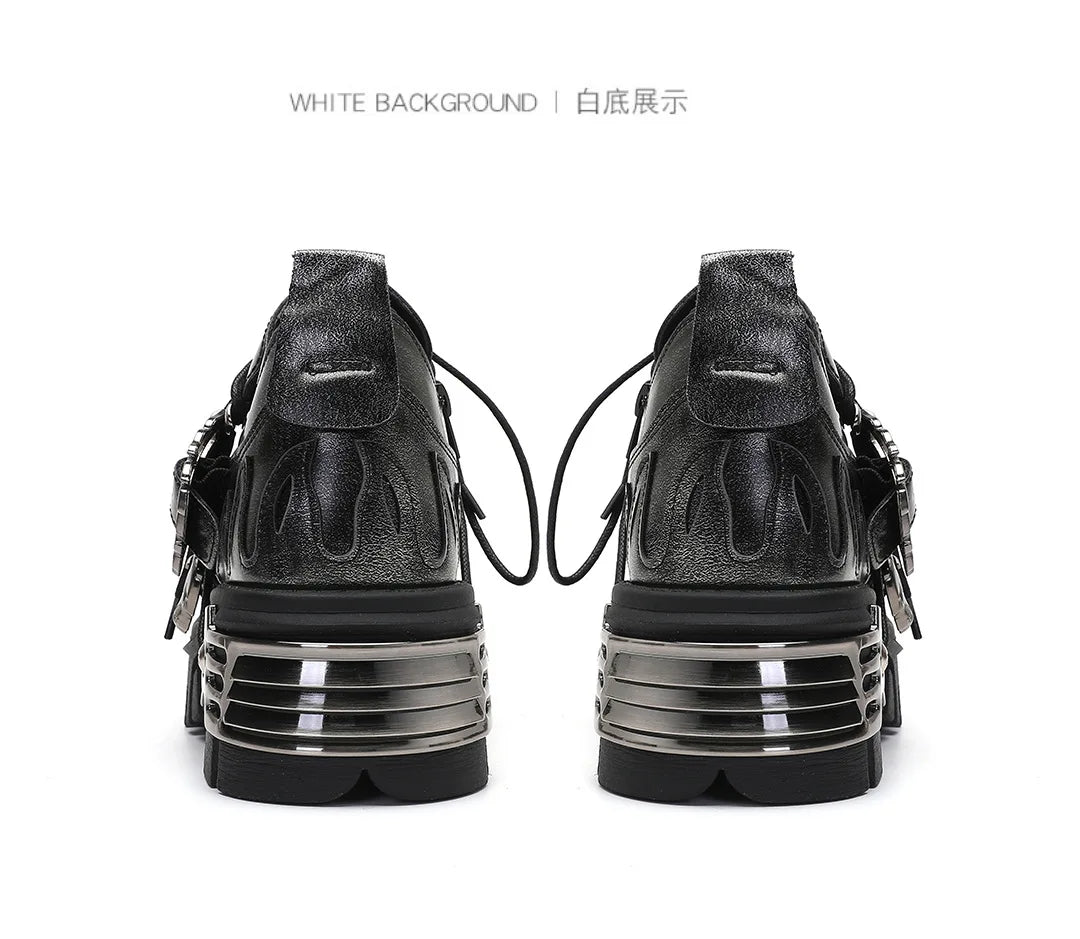 Soled Motorcycle Boots for Women, European and American Short Boots, Retro Lace Up Short Boots Dark gray flame flower shoes