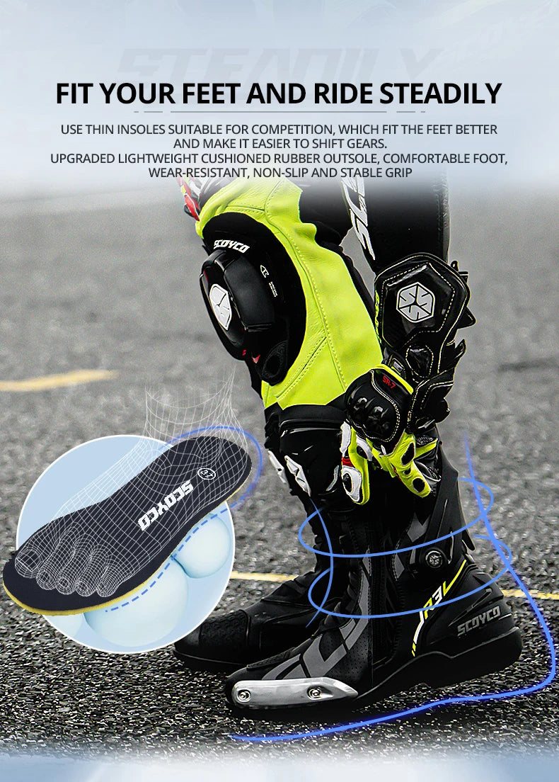SCOYCO Knee-High Motorcycle Boots For Men Women Off-Road Highway Riding Durable Anti-Slip Sole Ankle Support All-Terrain Grip