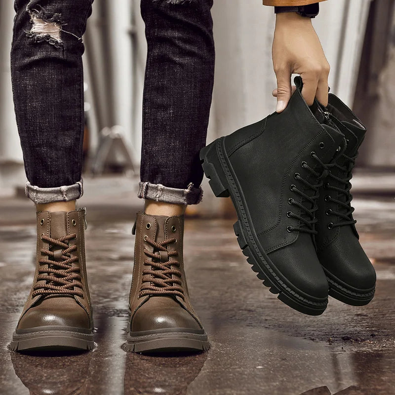 Men's Lace Up Walking Flat Bottom Short Boots Men's Chelsea Boots High-quality Brand Motorcycle Boots New High Top Casual Shoes