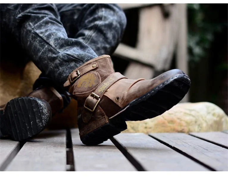 2025 New In Men Boots Luxury Handmade Men Ankle Boots Metal Buckle Zipper Motorcycle Boots Outdoor Plus Size 39-48 Punk Bottines