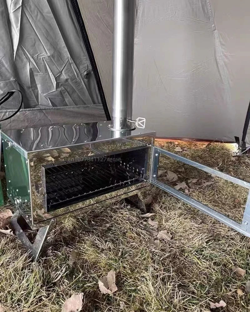 Outdoor tent camping, heat-resistant glass observation stove, portable foldable stainless steel winter heating wood stove