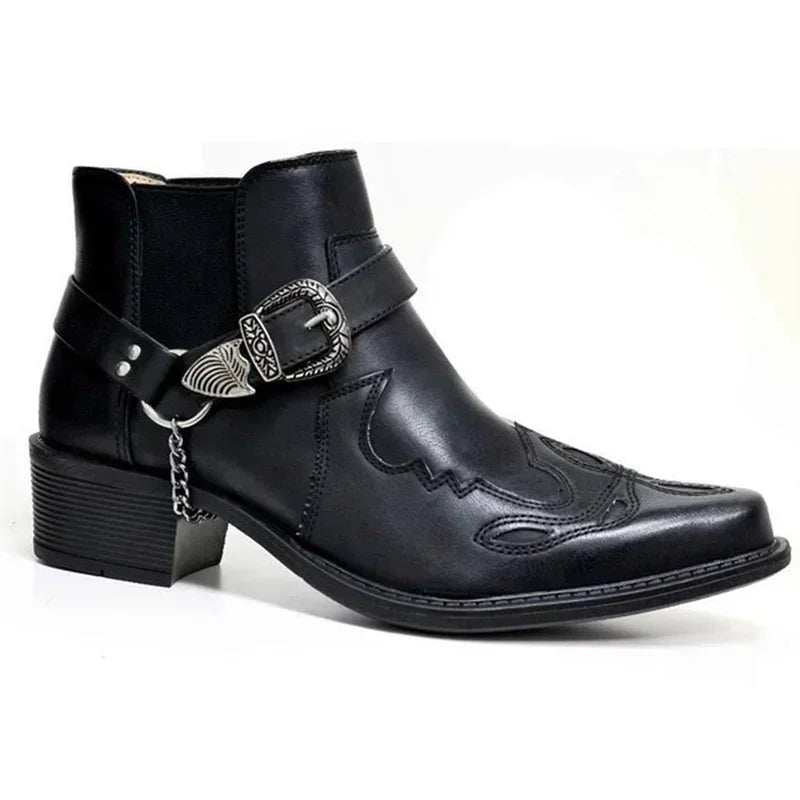 Fashion 2025 Men's Vintage Cowboy Boots Leather High Top Chain Buckle Strap Punk Shoes Pointed Toe Biker Boots Men