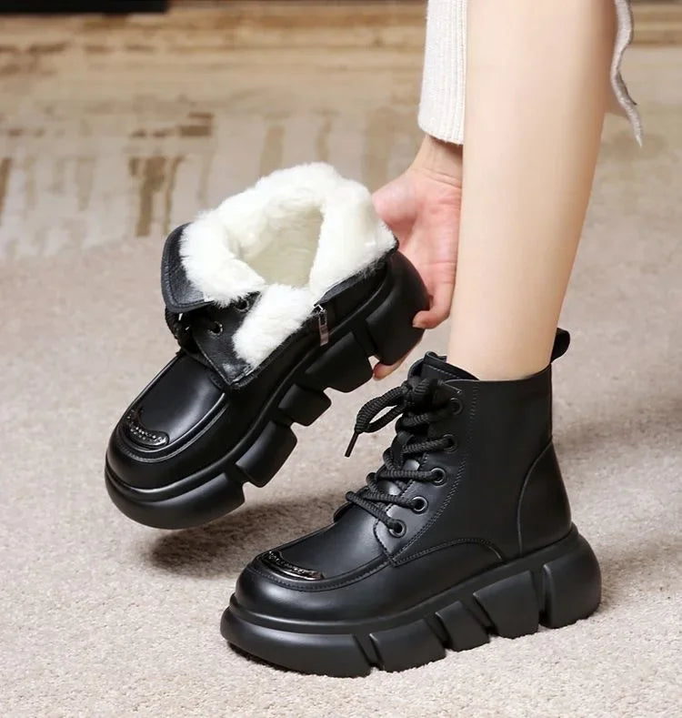 Women's Boots  Winter New Fur Snow Boots Platform Plush Comfortable Anti Slip Warm Lace Up Cold Proof Cotton Ankle Boots