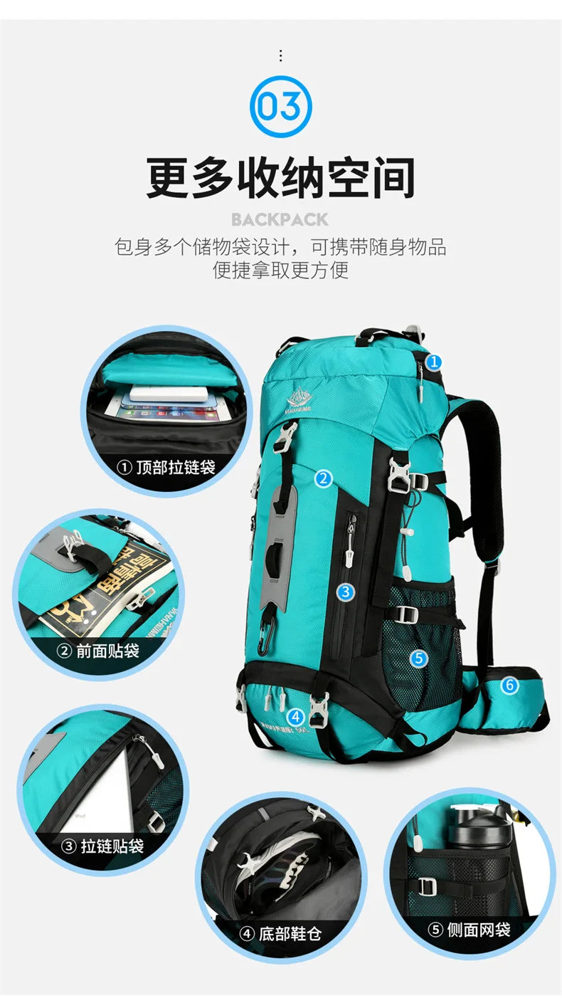 60L Large-Capacity Outdoor Mountaineering Backpack,Anti Splashing Water Wear-Resistant Camping Hiking And Cross-Country Backpack