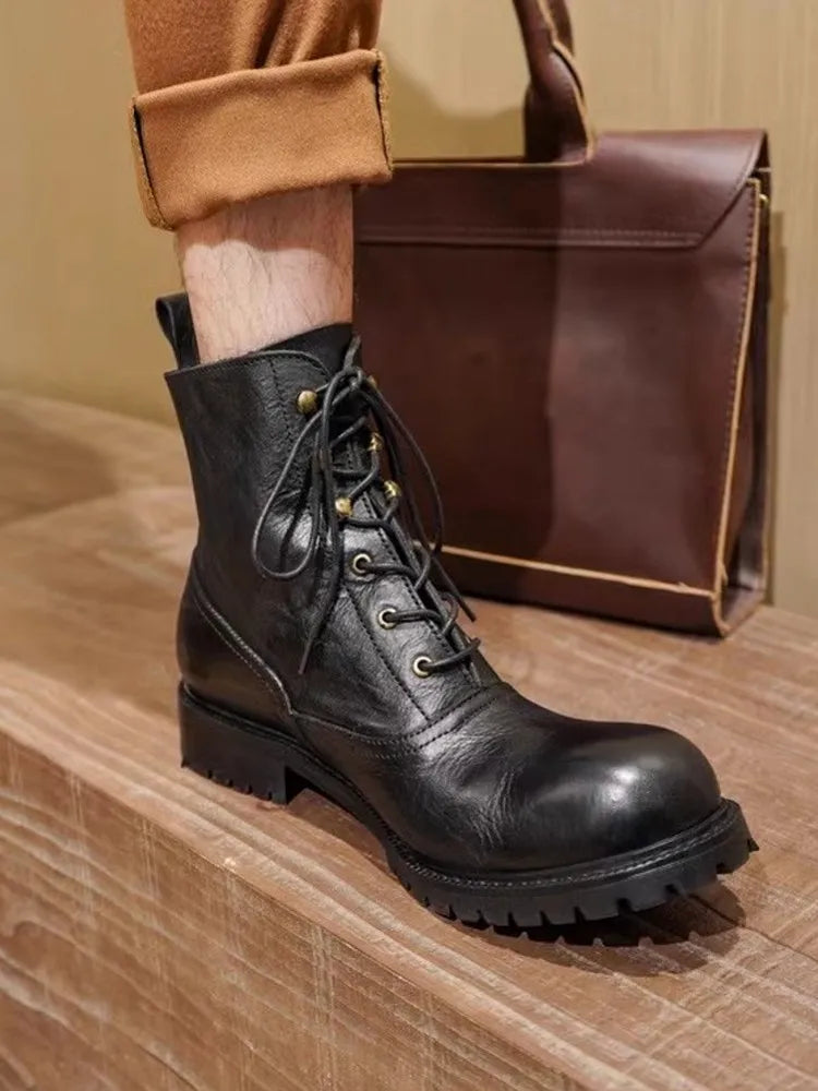 Vintage Mens Round Toe Lace Up High Top Work Safety Shoes Cowhide Genuine Leather Ankle Boots British Motorcycle Riding Boots 45