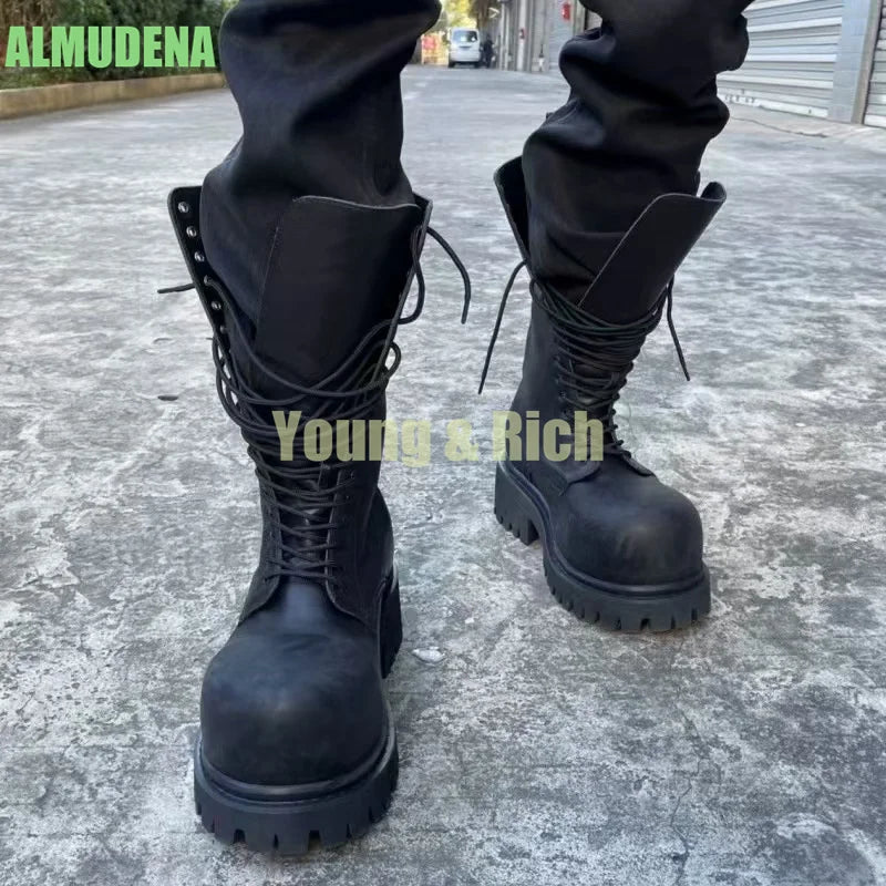 Black Leather Motorcycle Men's Boots Leather Shoes Thick Heel Round Toe Height Increasing Lace Up Work Boots Botas Mujer