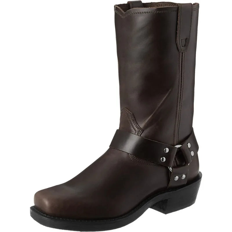 Vintage Men's Cowboy Boots Belt Buckle Ring High Top Motorcycle Boots Men Shoes Fashion Square Toe Warm Boots