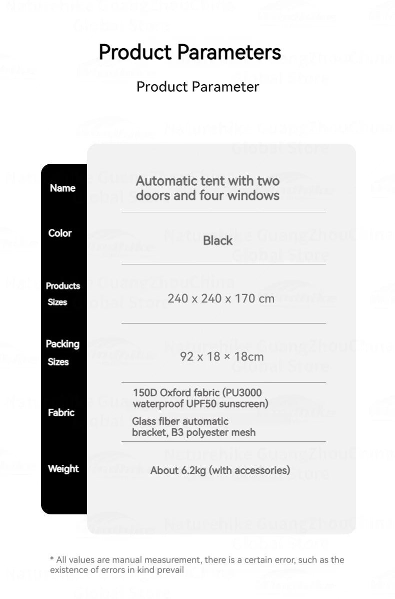 Naturehike BLACKDOG Automatic One-touch Tent Quick Open Two Door Four Window Camping Outdoor Black Coated Waterproof Thickened