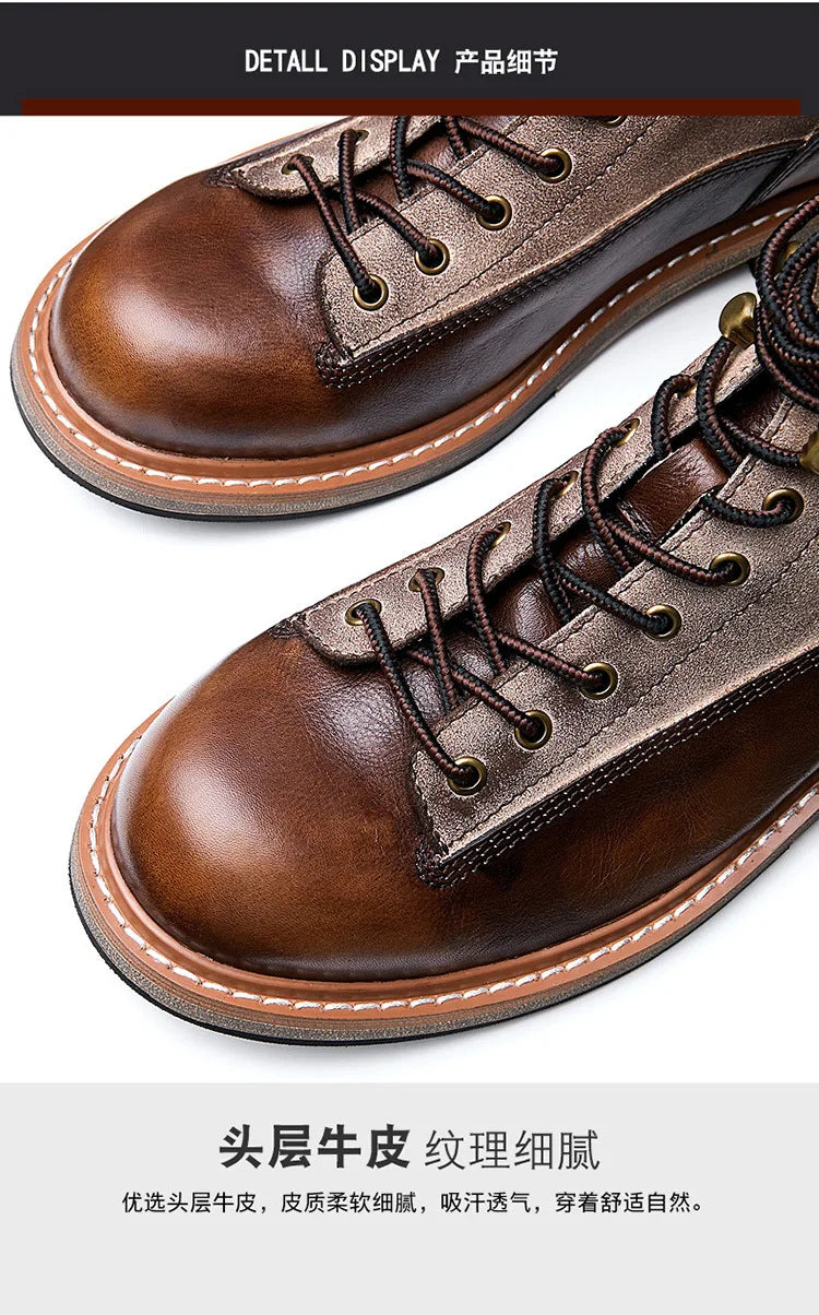 Retro Leather Men Motorcycle Boots High Top Motorbike Riding Boots Fashion Comfortable Ankle Boots Trekking Outdoor Shoes Brown