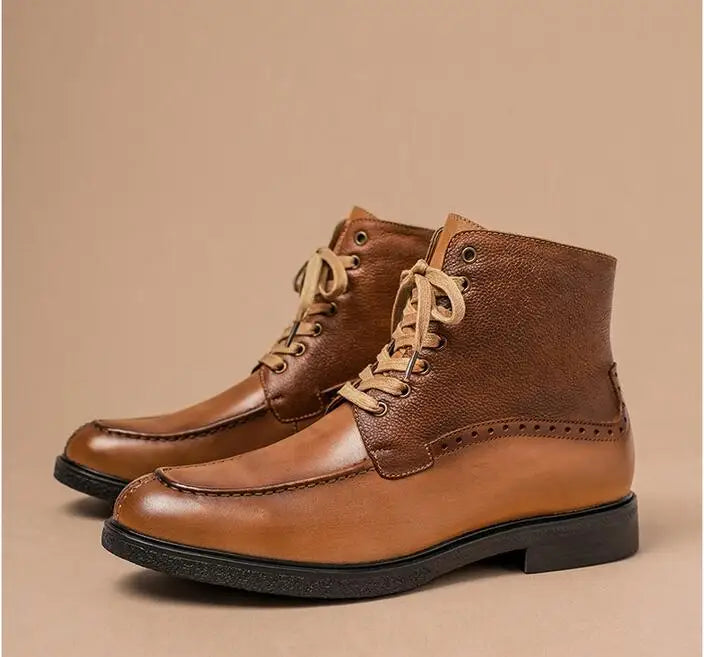 A028 Men's Boots Cow Genuine Leather Lace Up Man Shoes High Calf Male Footwear British New Winter Boots Motorbike Shoes Vintage