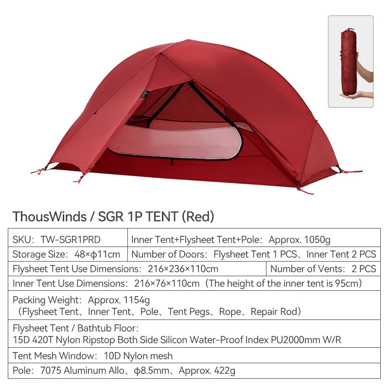 Thous Winds SGR 1-Person Backpacking Tent, 3-Season Ultralight Hiking Tent, 15D Nylon Ripstop Both Side Silicon Camping Tent