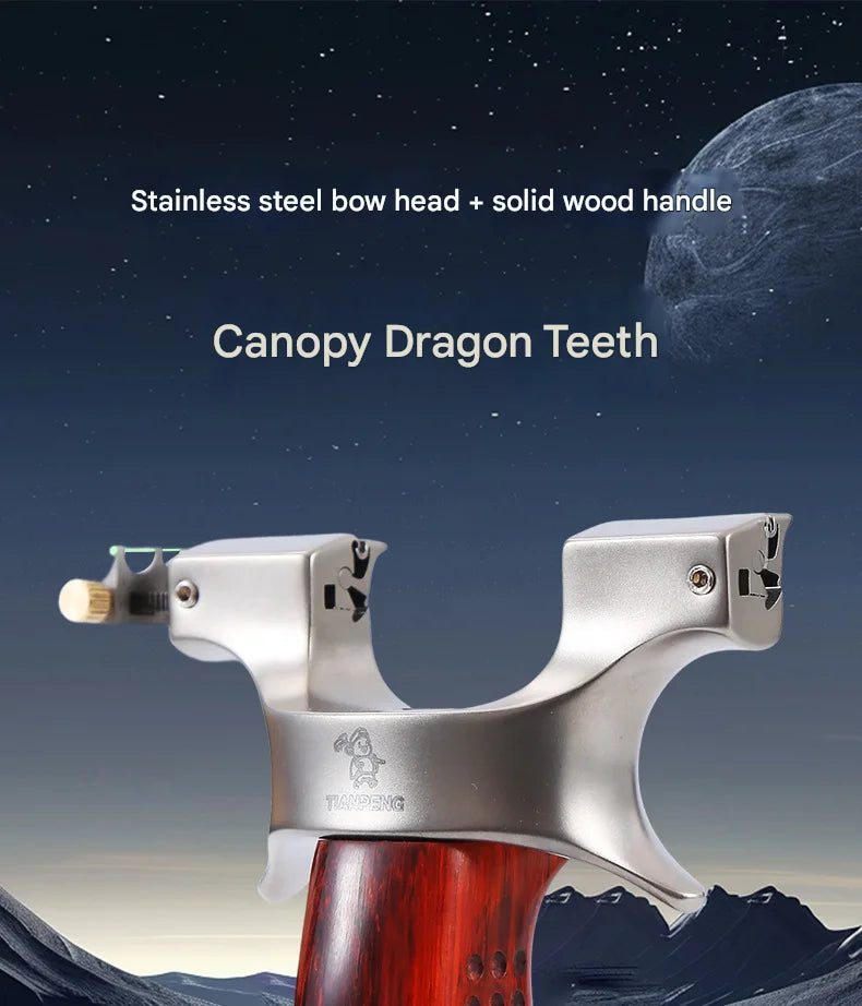 Powerful Stainless Steel Slingshot with Flat Rubber Band Outdoor Hunting and Shooting Combat Catapult with Wooden Handle