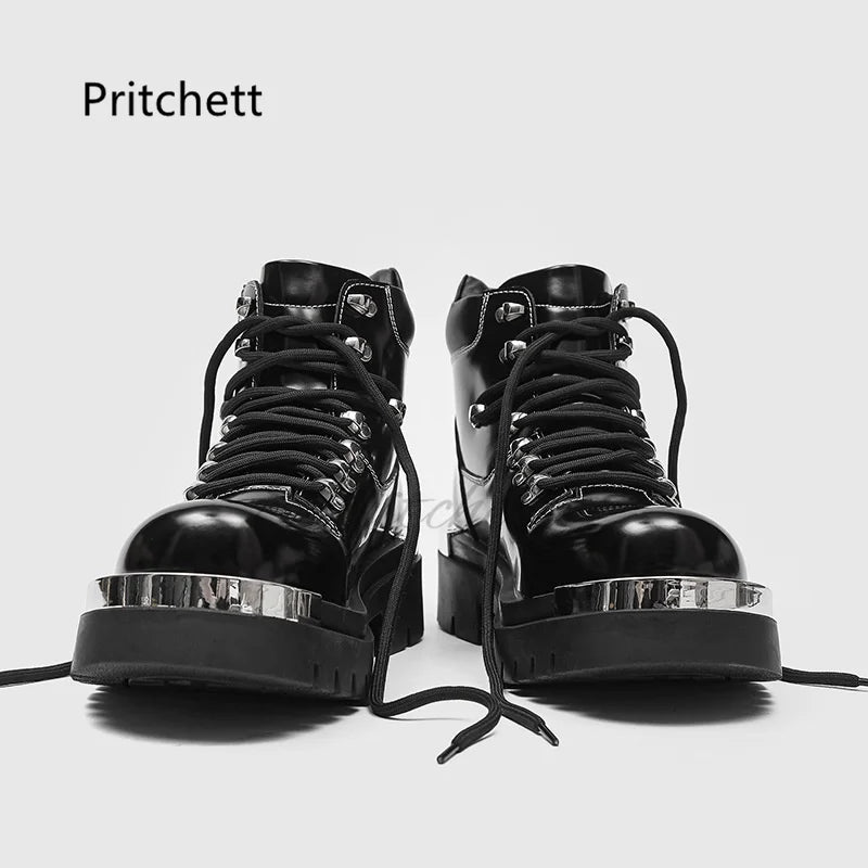 Black Patent Leather Men's Boots Thick Soles Punk Style Women Rivet Metal Decoration Motorcycle Boots Autumn Winter Couple Shoes
