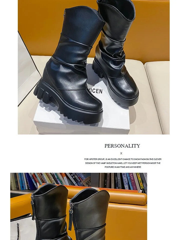 9CM Women Mid Calf Boots Autumn Winte Soft Leather Motorcycle Boots High Platform Square Heels Ladies Chunky Shoes Botas Mujer