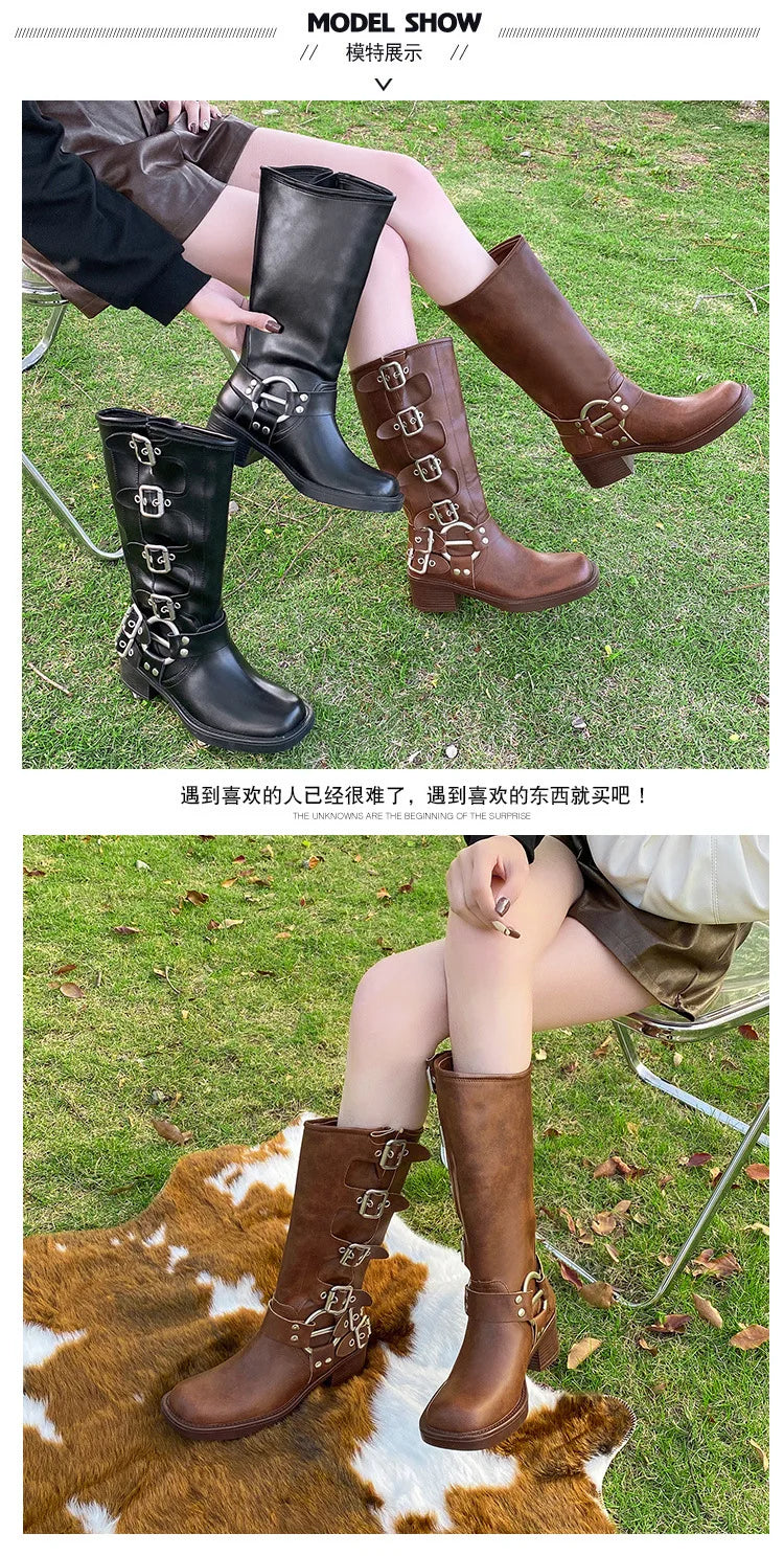 Women's High Platform Boots Metal Buckle Thick Heel Motorcycle Boots Vintage Soft Leather Punk Boot Brown Leather Knight Boot