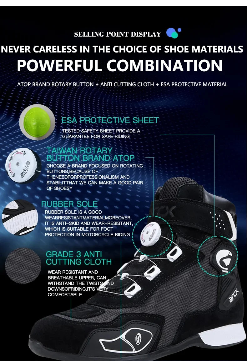 ARCX Black Motorcycle Protective Boots Men's Shoes Summer Breathable Knob Adjustment Design Anti-fall Durable Riding Equipment