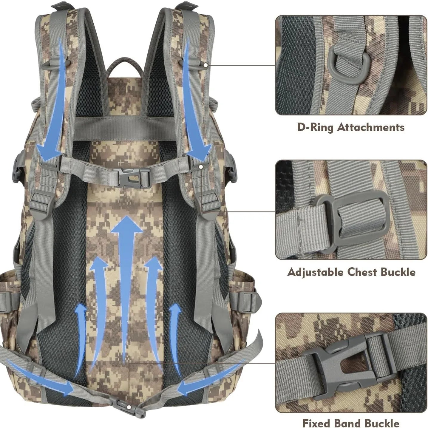 40L Tactical Camping Backpack Reflective Safety Mens Travel Hiking Rucksack MOLLE System Military Style Shoulder Straps Outdoor