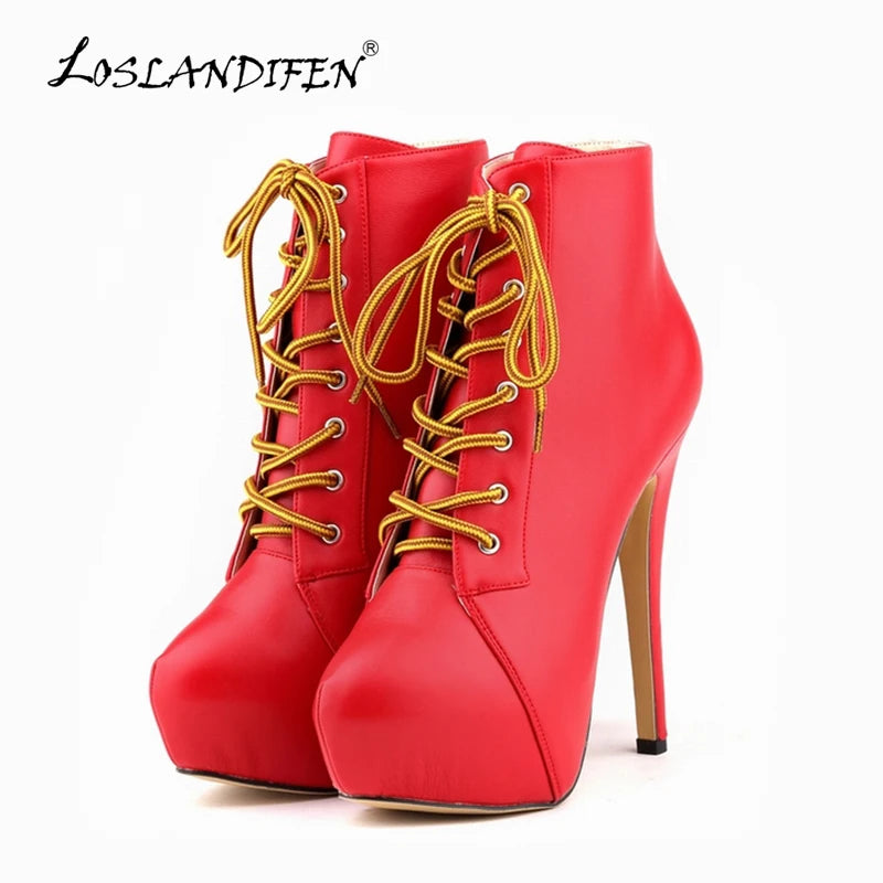 Women Ankle Boots Autumn Winter Sexy Round Toe Pole Dance High Heels Pumps Fashion Zip Lace-Up Chelsea Shoes Female Big Size 43